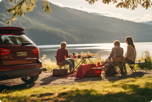 Drei Menschen sitzen auf Campingstühlen an einem See. 