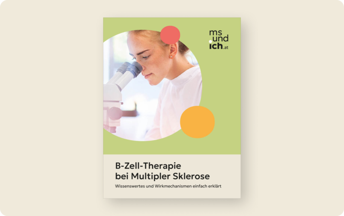 Multiple Sklerose: Teaser B-Zell-Broschüre Titelbild der Broschüre „B-Zell-Therapie bei Multipler Sklerose“