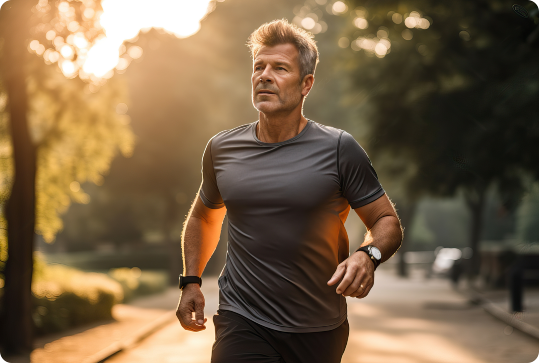 Ein Mann joggt eine Straße entlang. 