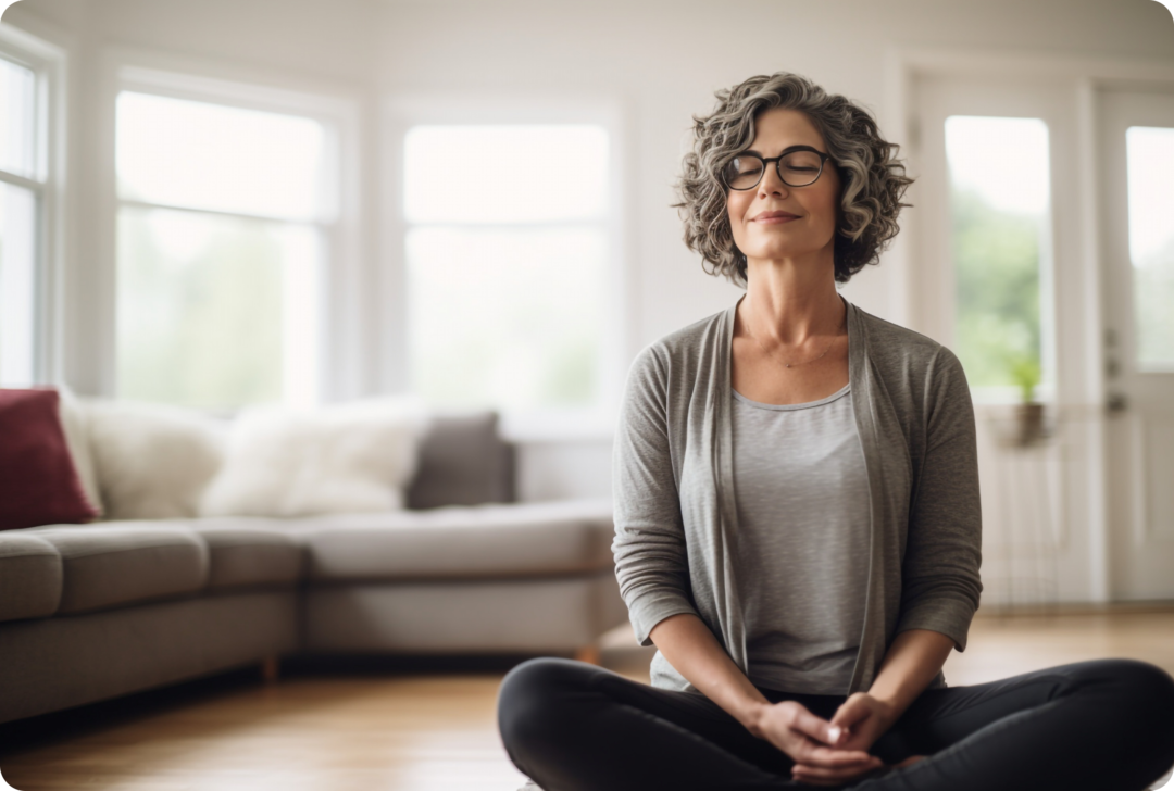 xEine Frau im Schneidersitz mit ineienandergelegten Händen, geschlossenen Augen und einem Lächeln auf den Lippen.