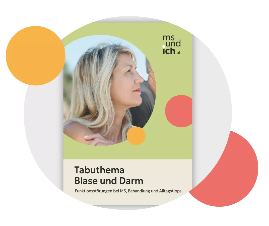 MS und ich: Download Broschüre Tabutheme Eine Frau schaut nachdenklich nach rechts. Darunter der Schriftzug „Tabuthema Blase und Darm. Funktionsstörungen bei MS, Behandlung und Alltagstipps.